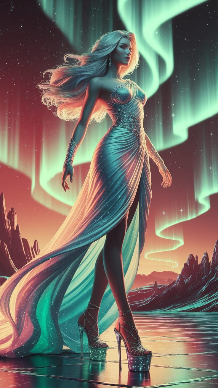 Ethereal Goddess of the Northern Lights in Vibrant Celestial...
