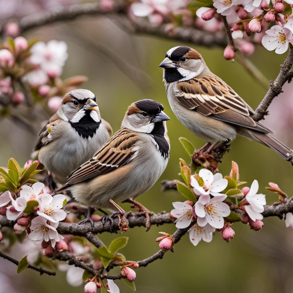 Happy House Sparrows in Spring Blossom Bush