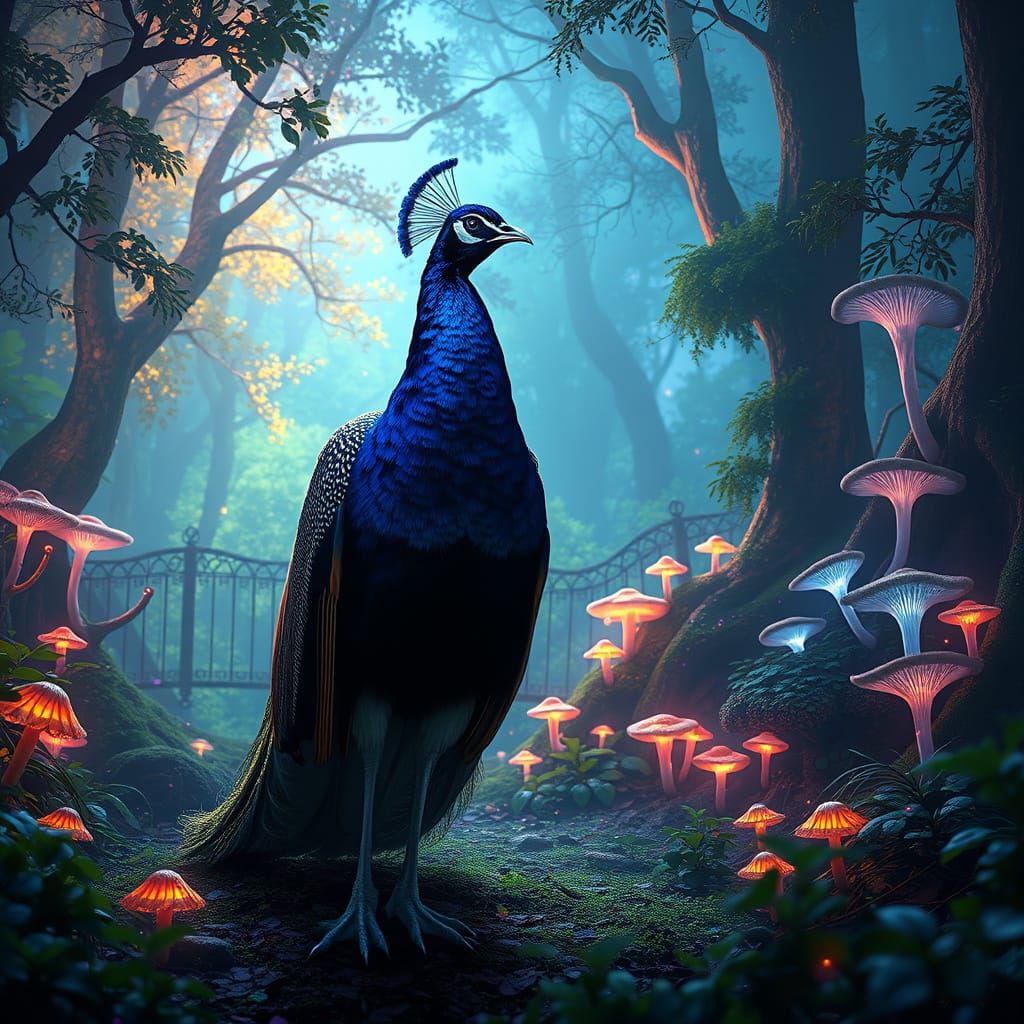 Majestic Peacock in Bioluminescent Forest