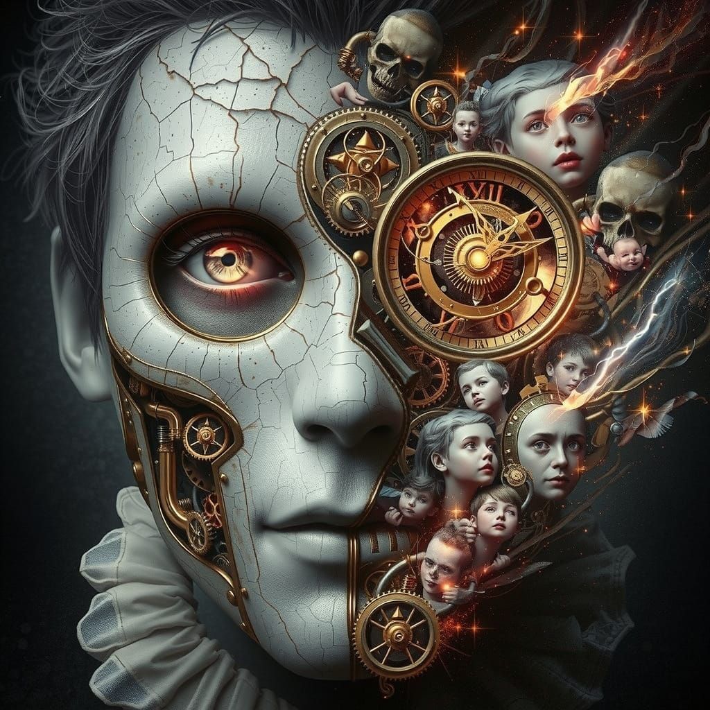 Clock-Eyed Phantom: Hyperrealistic Portrait of Time Thief