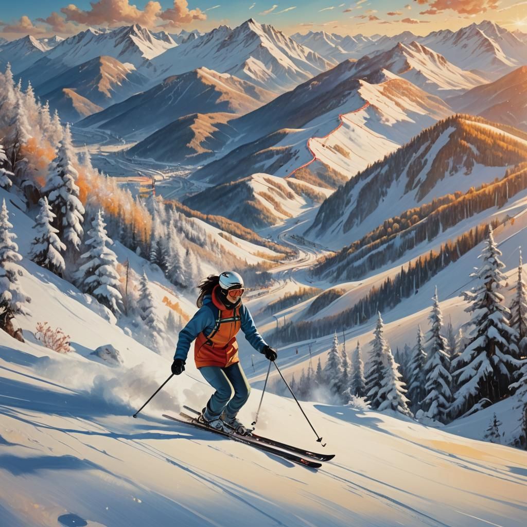 Woman Skiing in Surreal Mountain Landscape