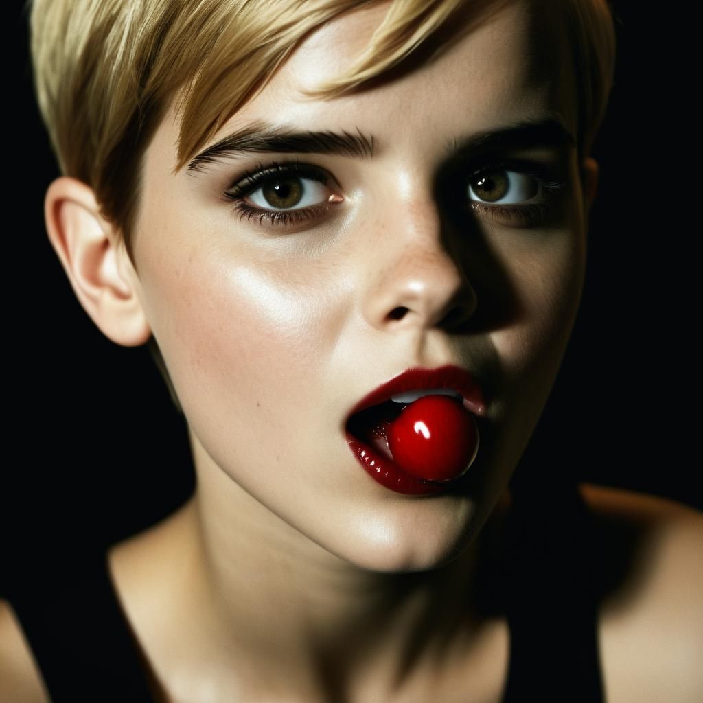 Teasing Woman with Cherry in Film Noir Style