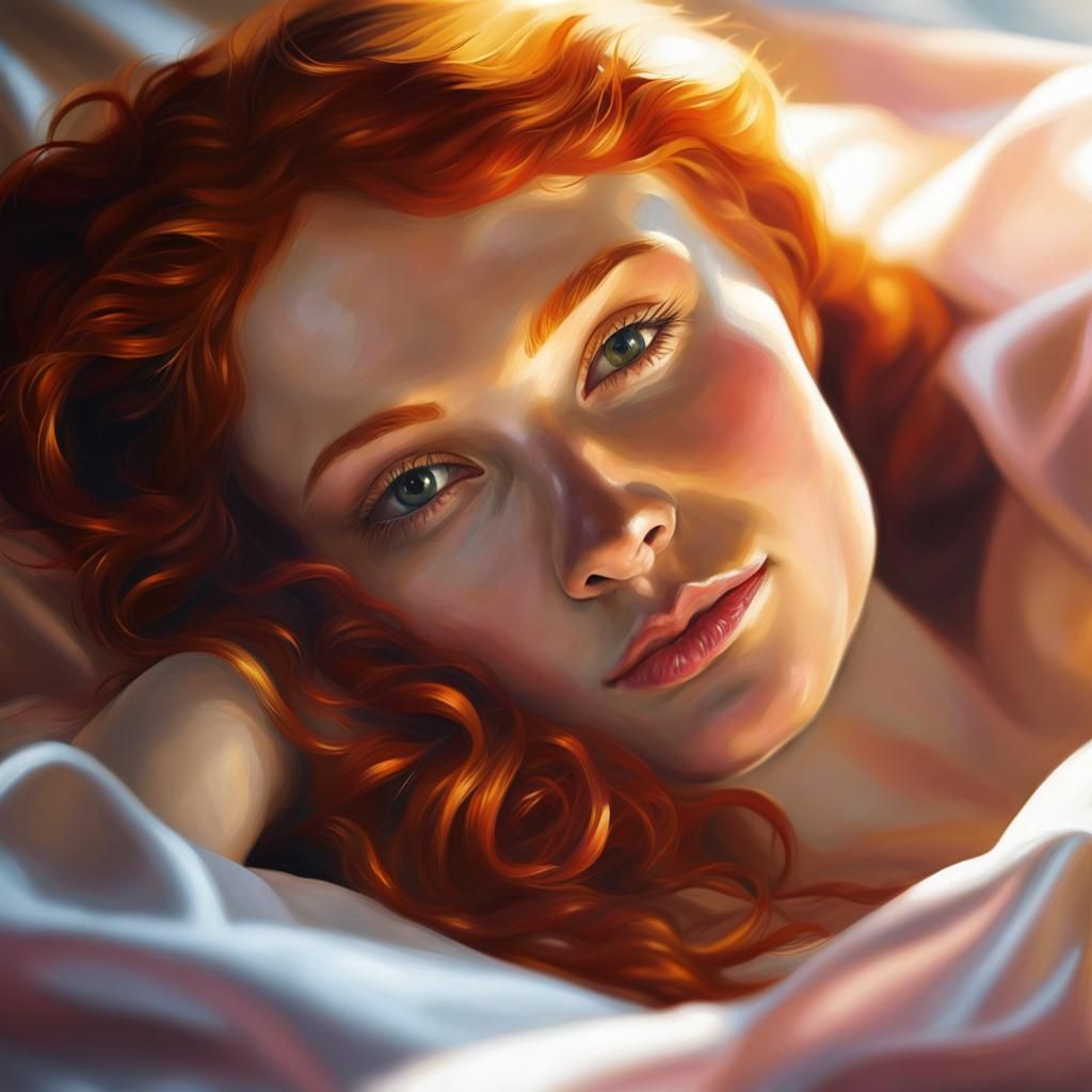 Sophisticated Realism: Redhead Draped in Silk, Bathed in Gol...