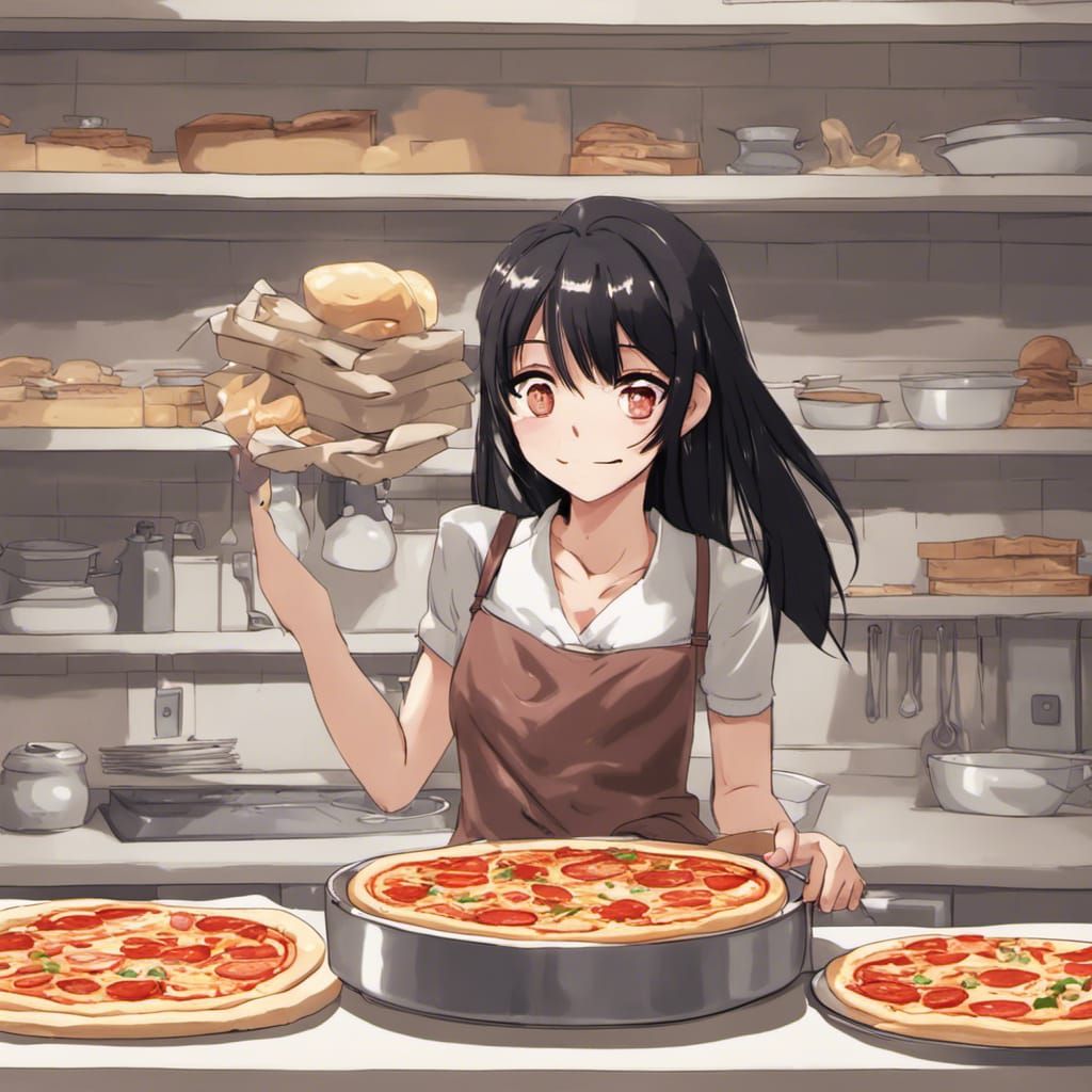 Anime Girl Baking Pizza in Manga Style