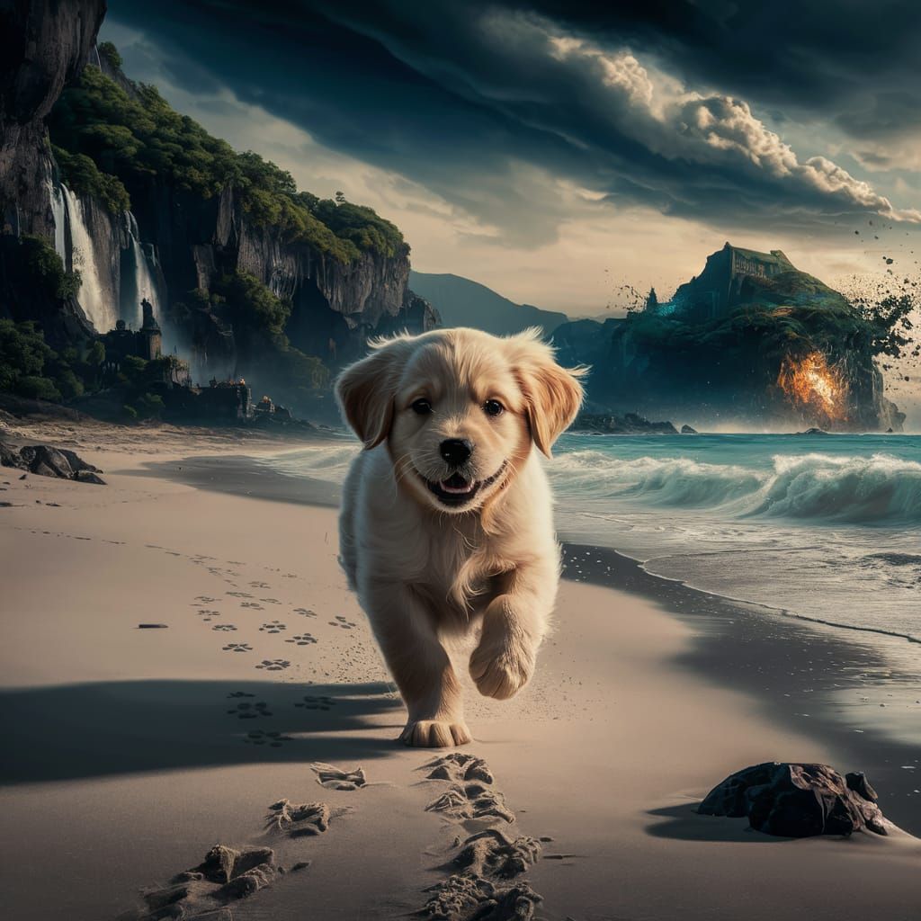 Golden Retriever Puppy on a Surreal Beach