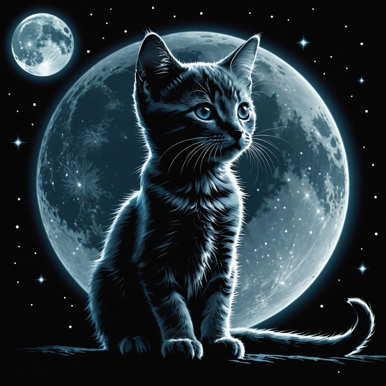 X-Ray Kitten Silhouette Under Moonlight, Digital Art