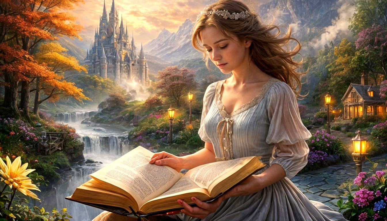 Beautiful Woman Opens Book of Ethereal Stories