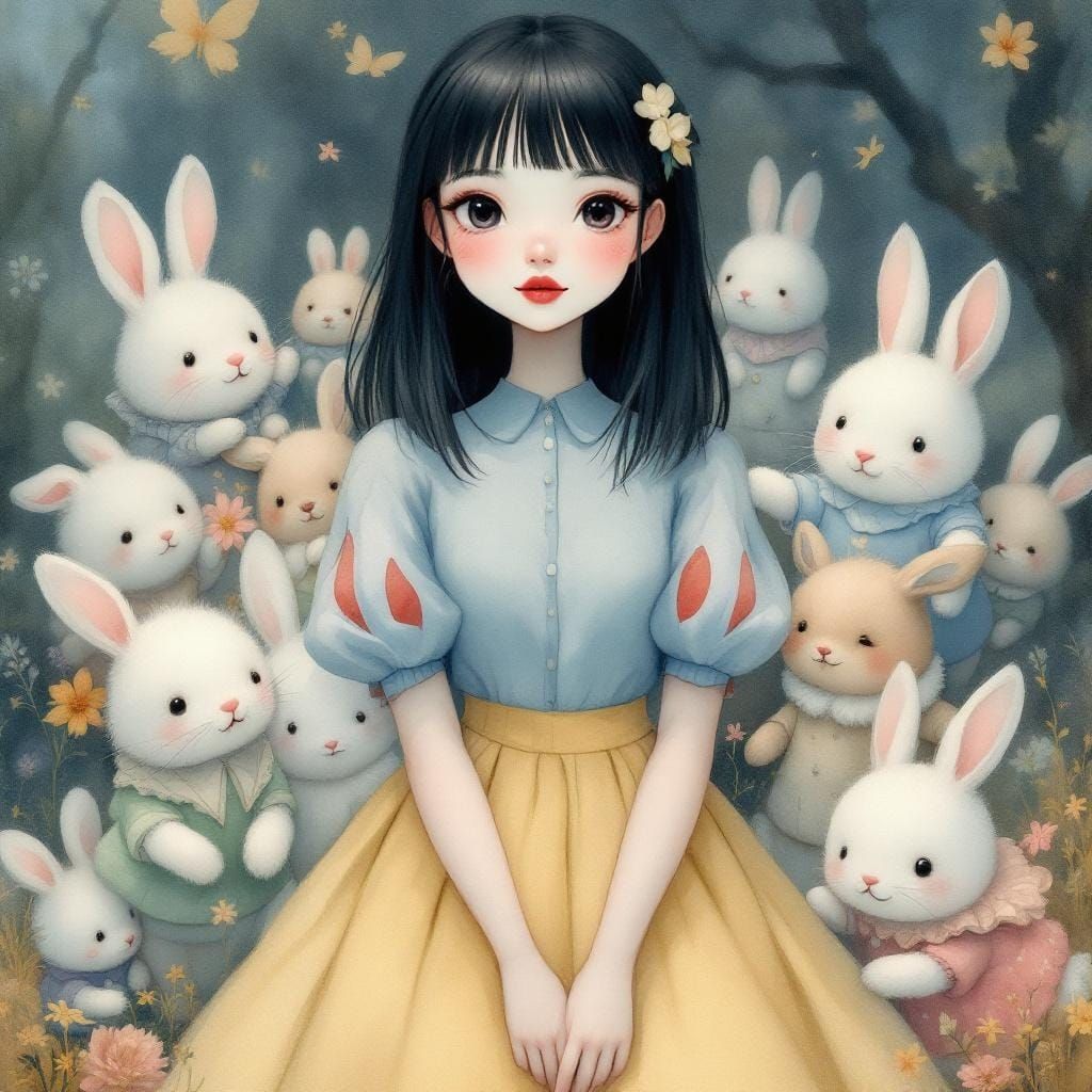 Snow White and Rabbits in Watercolor Style