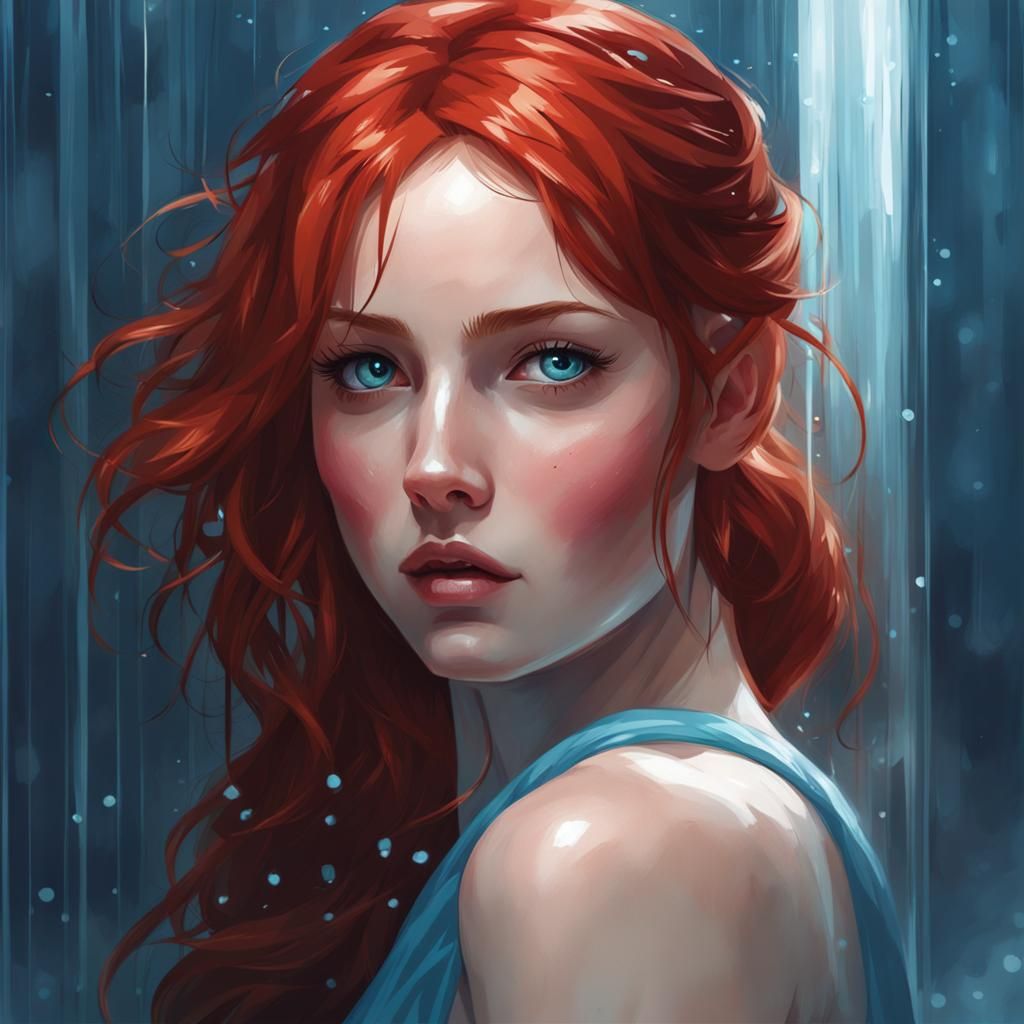 Cute Red-Haired Girl in Shower Digital Painting
