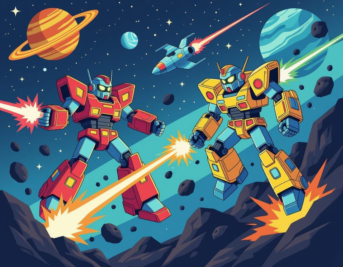Retro Cartoon Robot Pilots Battle in Asteroid Field