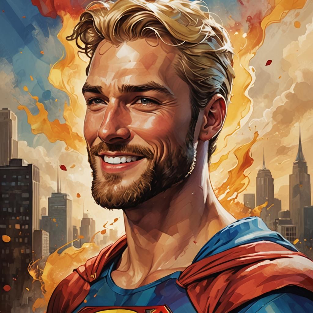 Cheerful Superman with Blond Beard in Digital Art