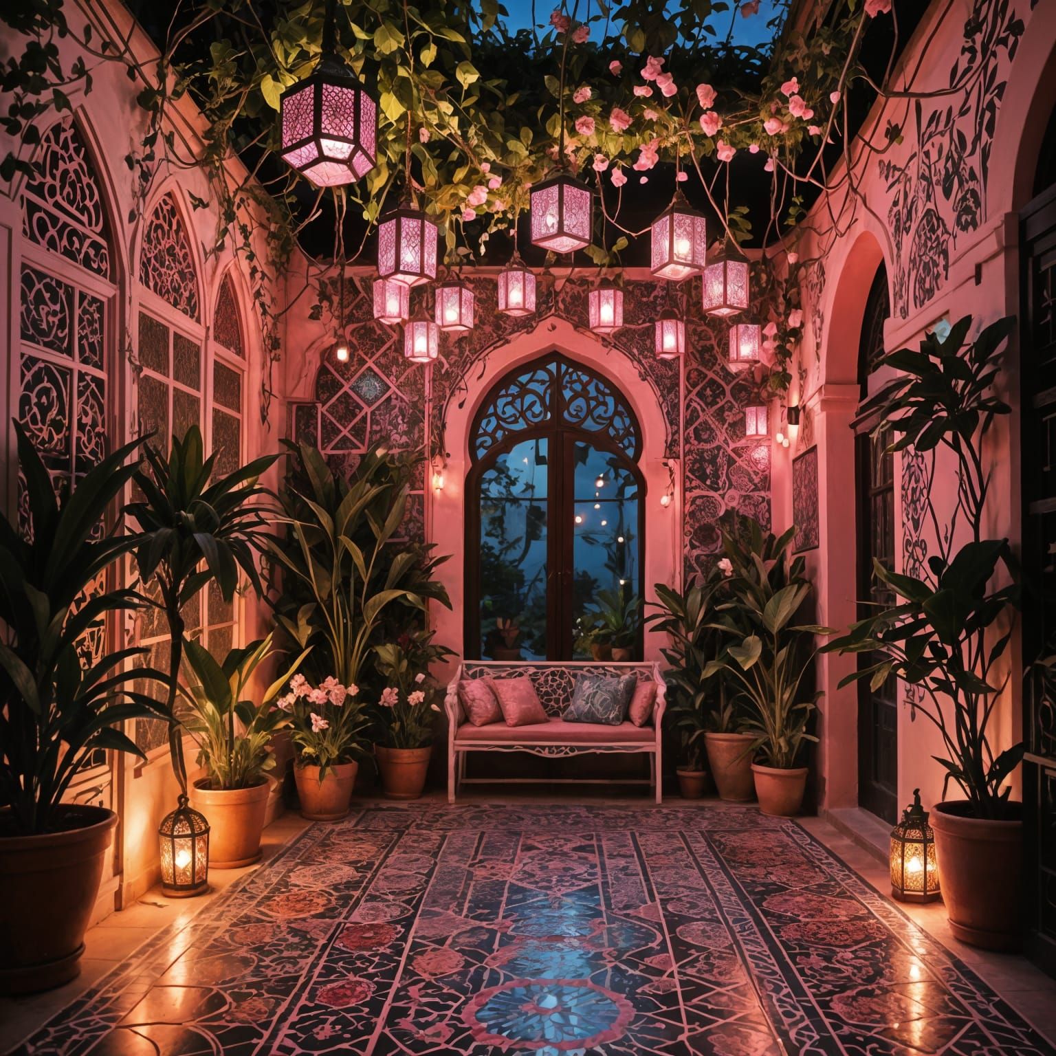 Vibrant Neon Pink Moroccan Garden at Night