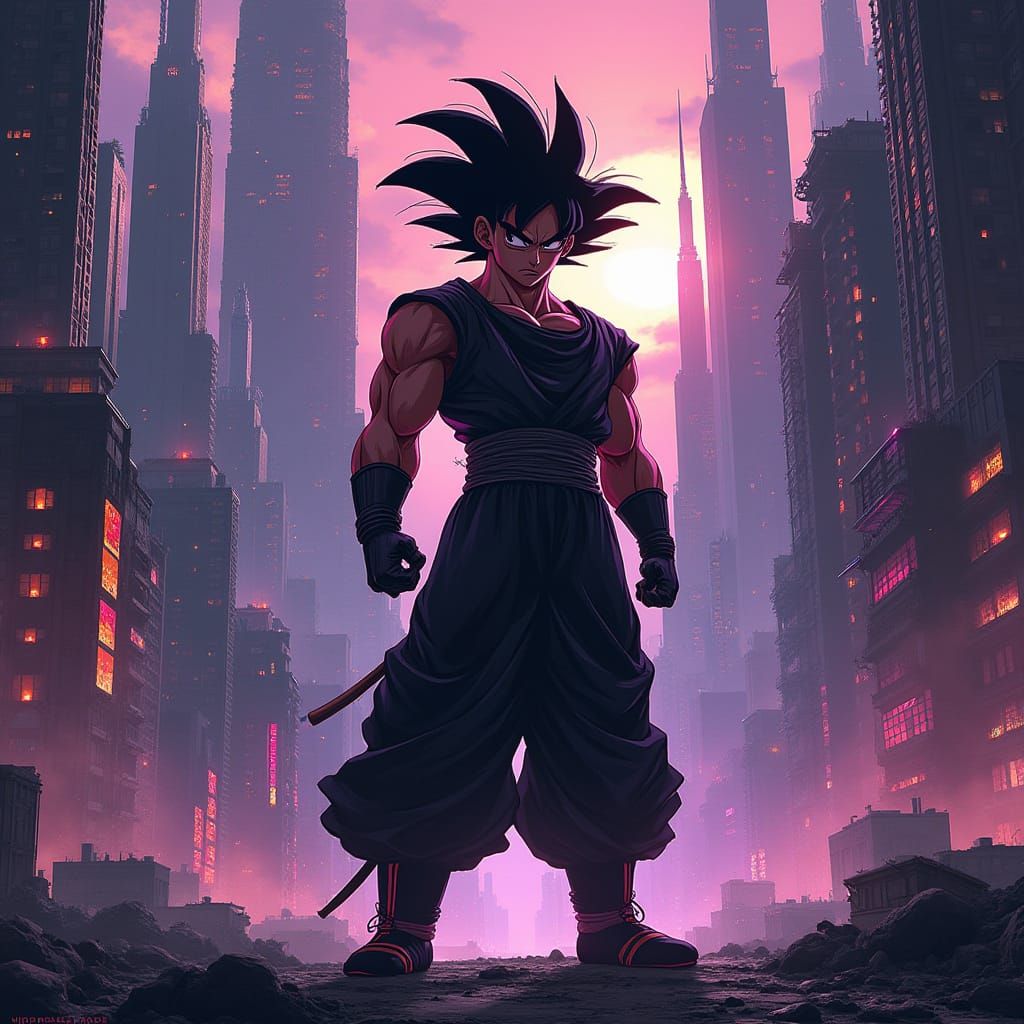 Goku Black in Futuristic Cityscape