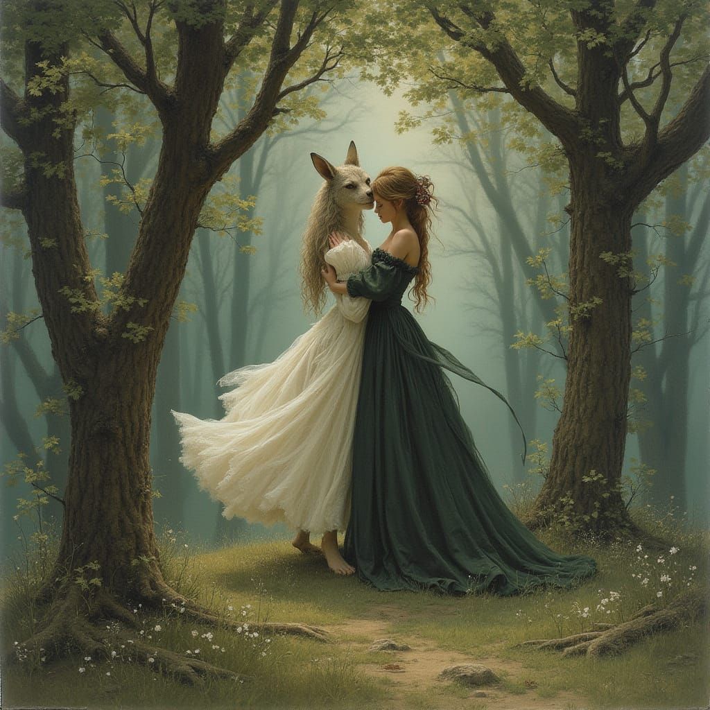 Fox and Archer Embrace in Enchanted Forest