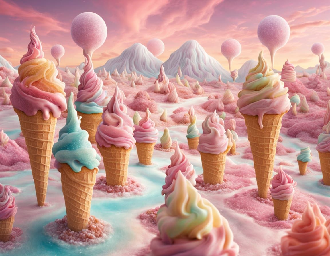 Dreamy Ice Cream Dessert Landscape in Surreal Style