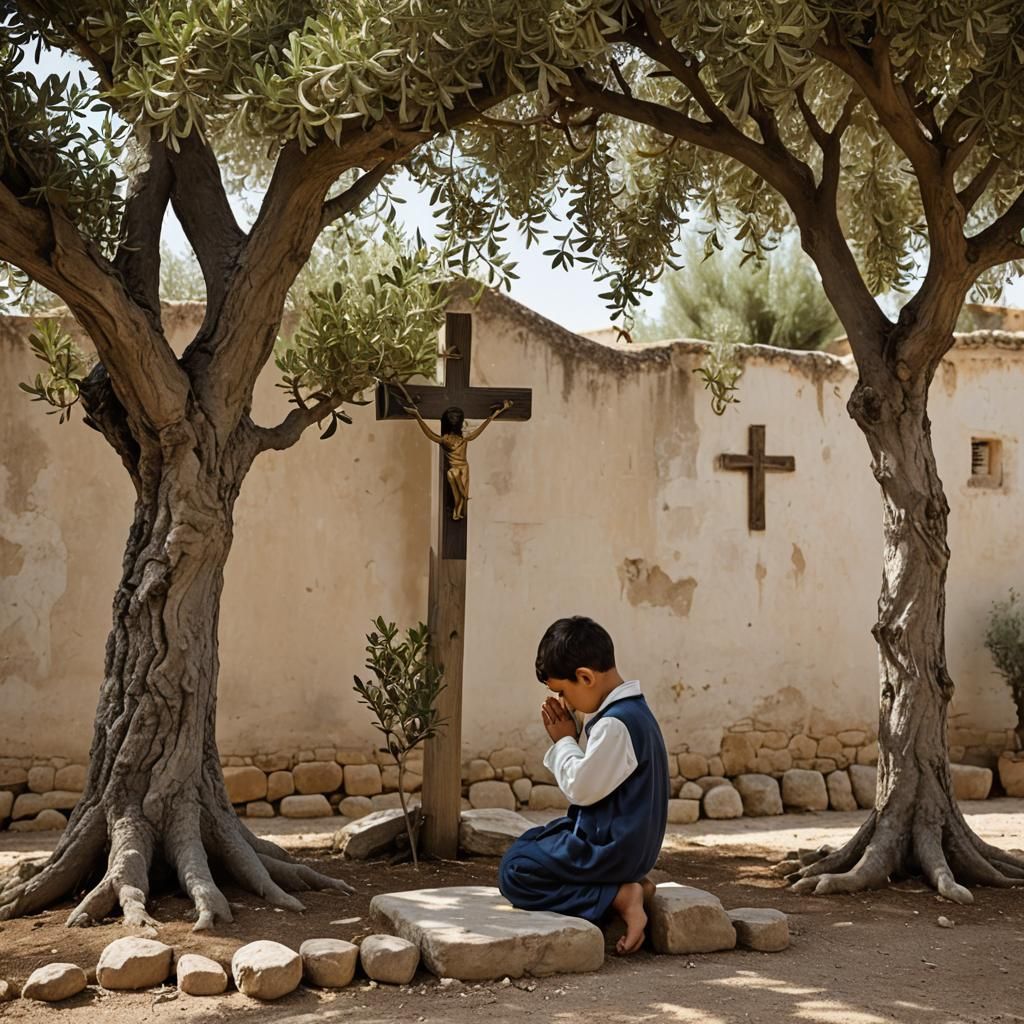 Child Praying by Cross and Olive Tree