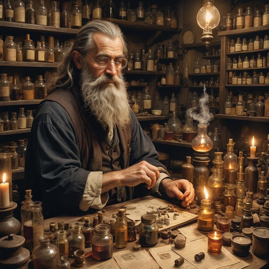 Alchemist at Work in Mystical Laboratory
