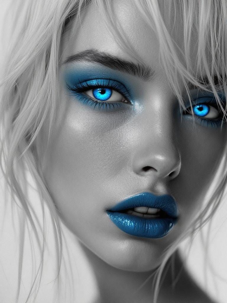 Monochrome Female Portrait with Vivid Blue Accents