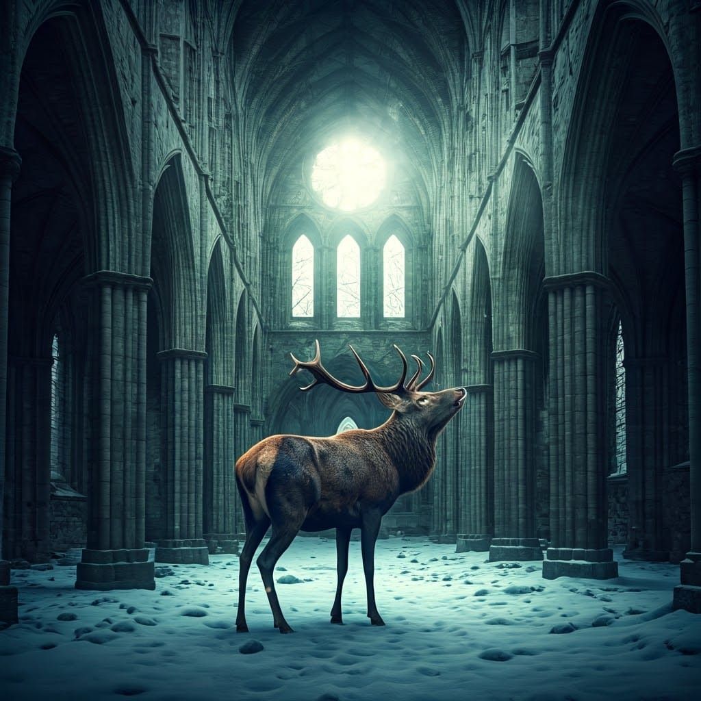 Majestic Black Stag in Ruined Gothic Cathedral