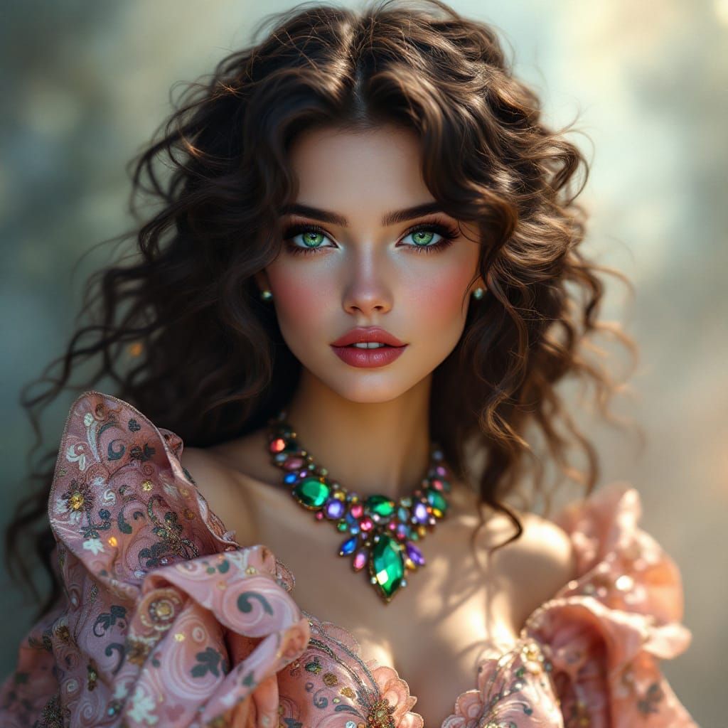 Radiant Woman in Brocade Gown: Digital Art Portrait