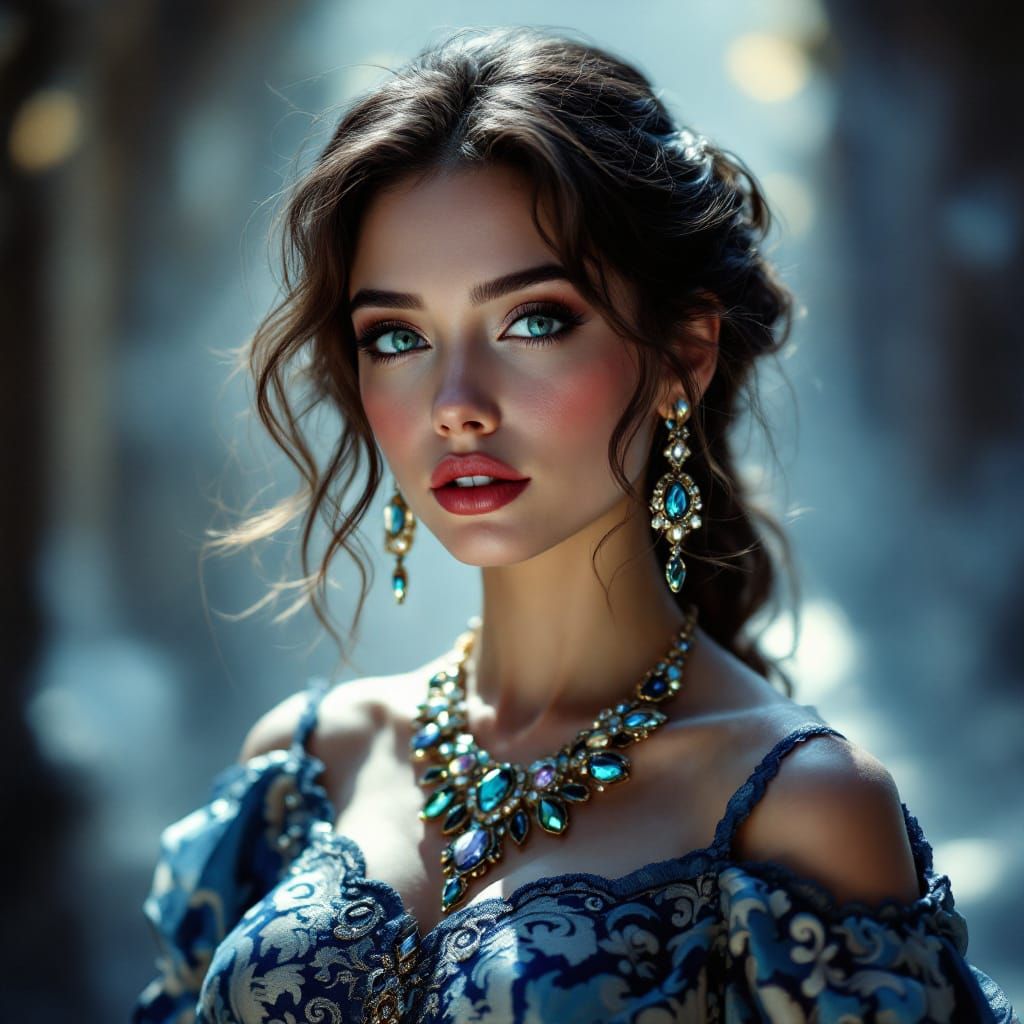 Elegant Portrait with Ornate Gown in Art Nouveau Style