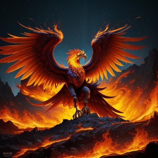 Phoenix Rising From Flames in Fiery Cavern