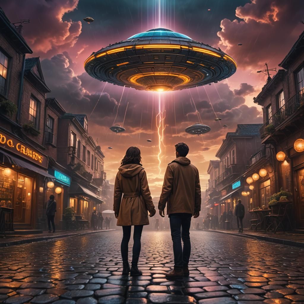Couple Watches UFO in Fantasy Landscape