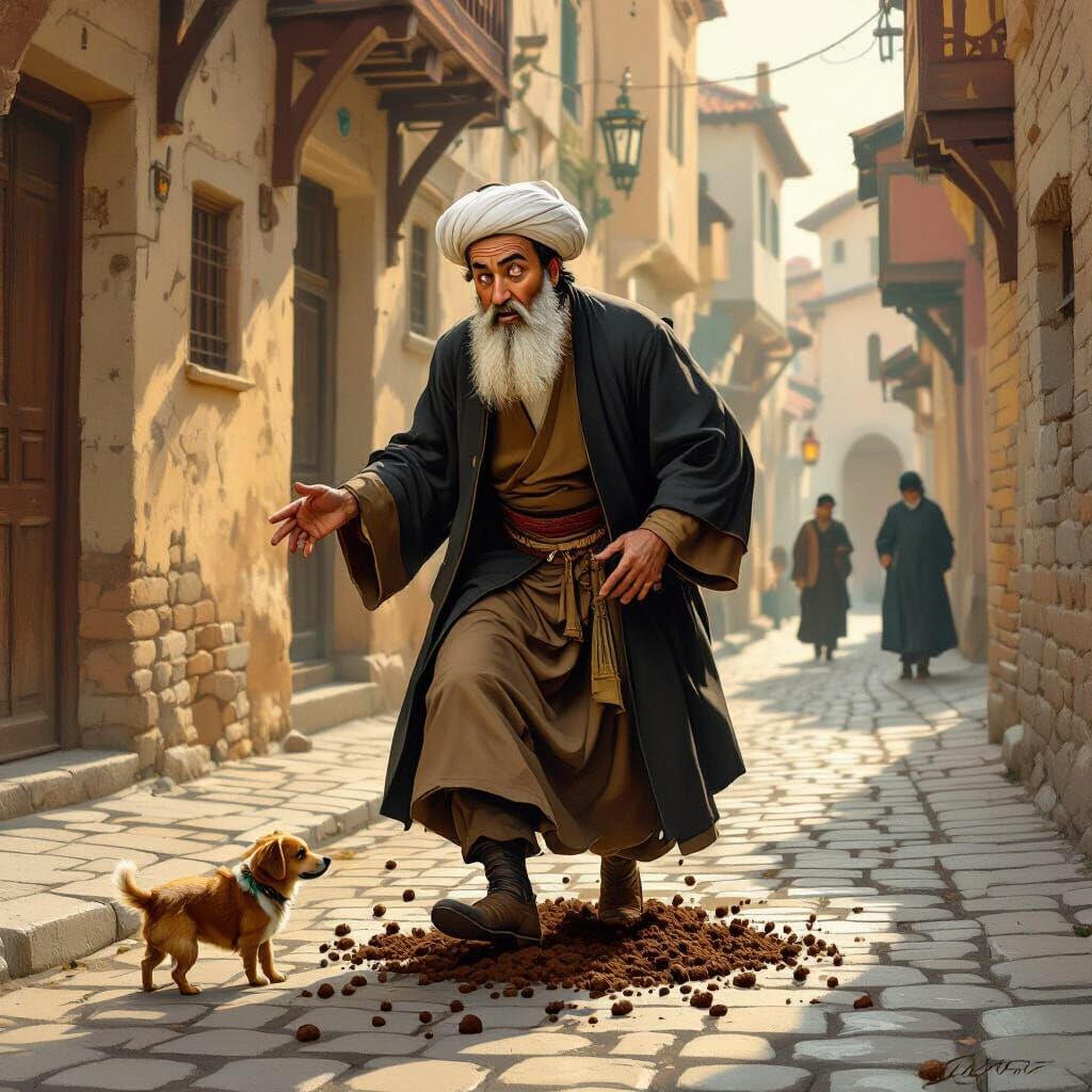 Rumi Comically Steps in Dog Poo in Bosch Style