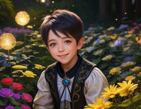 Magical Fairy Garden with Boy in Golden Hour