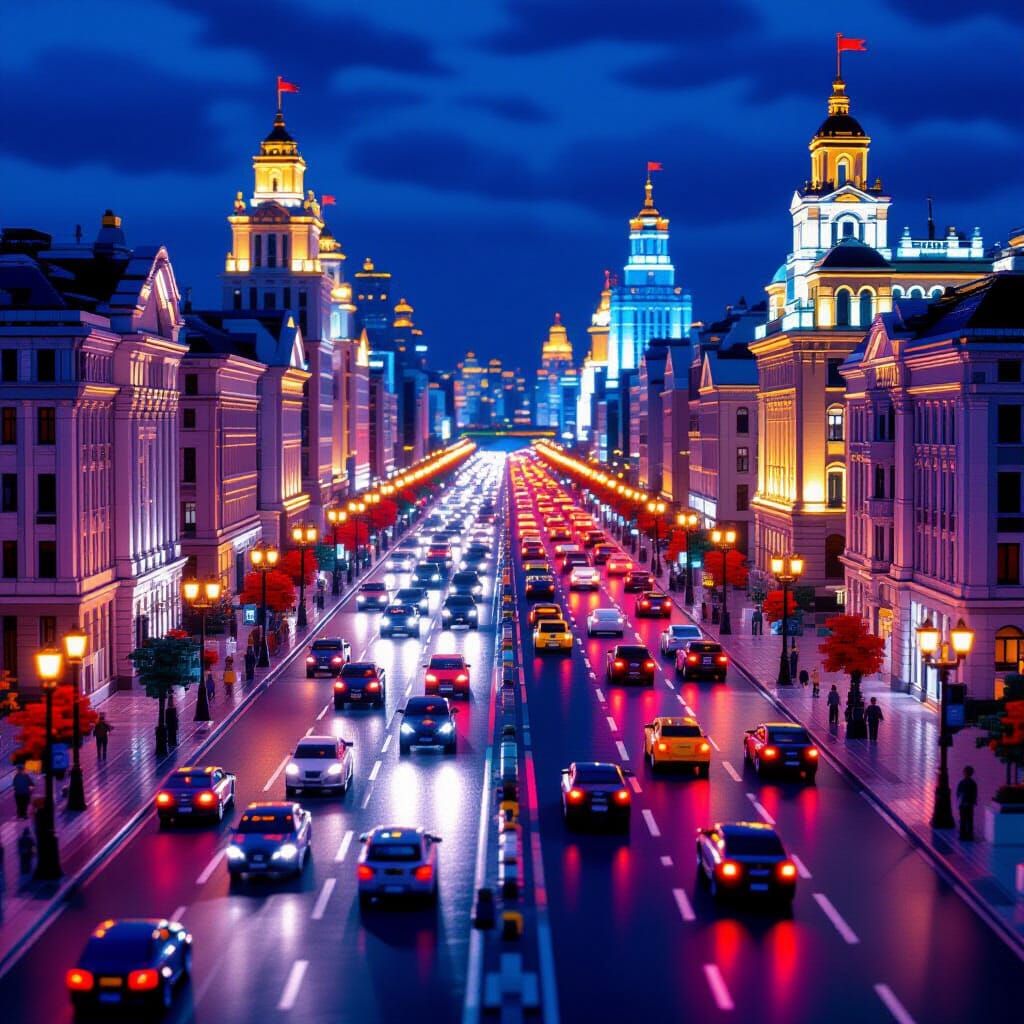 Lego Kharkiv Cityscape on Sūmska Street at Night