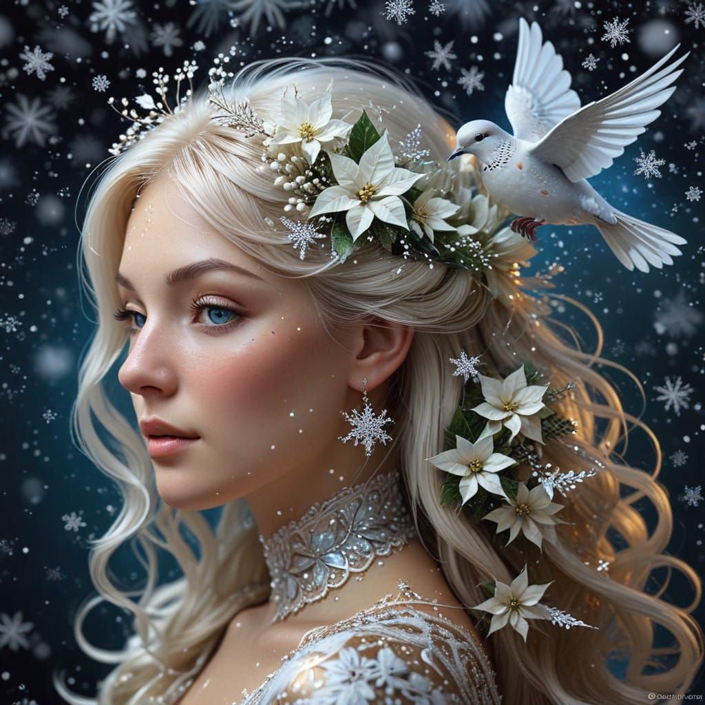 Surreal Winter Goddess with Dove and Snowflakes