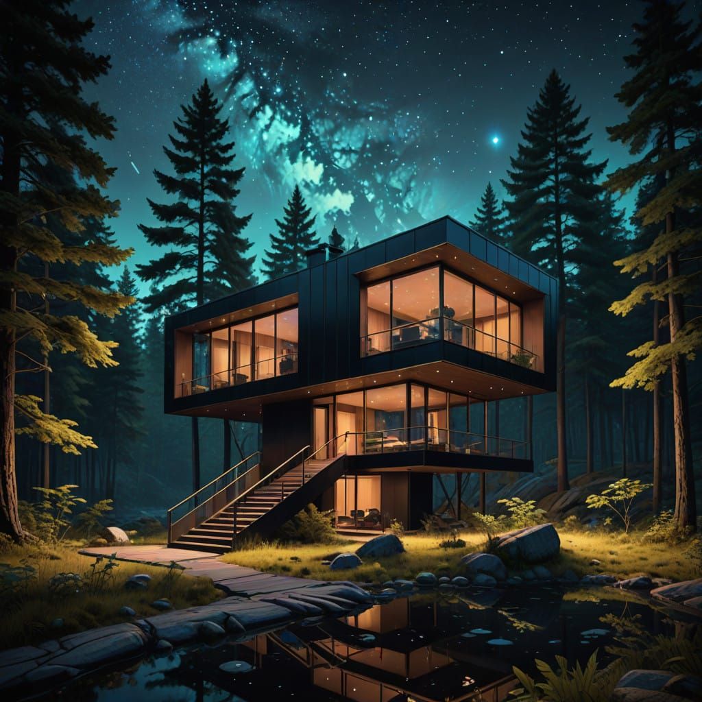 Sleek, Postmodern Lake House Cabin Under Starry Night Sky in...