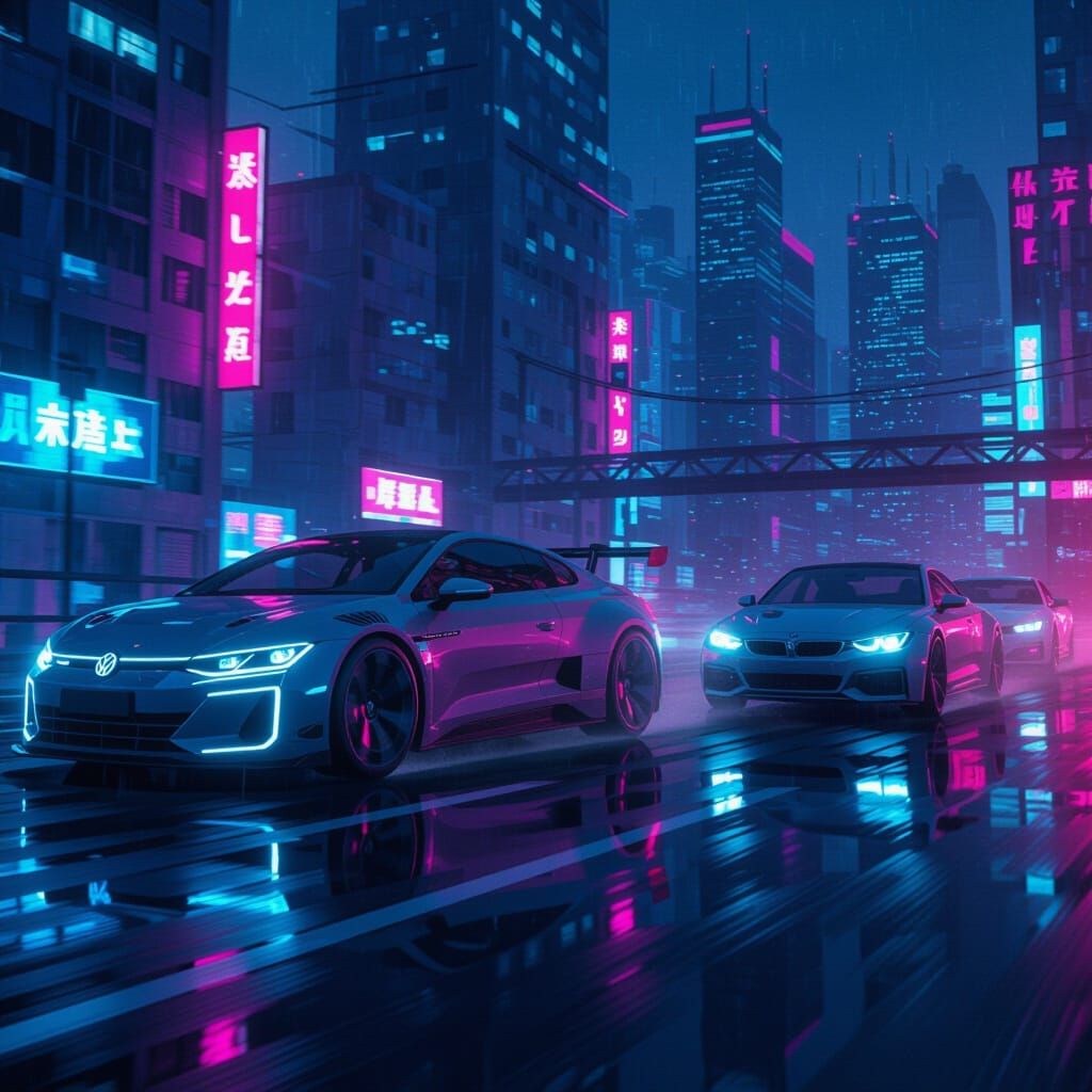 Cyberpunk Cars Speeding Through Neon Cityscape