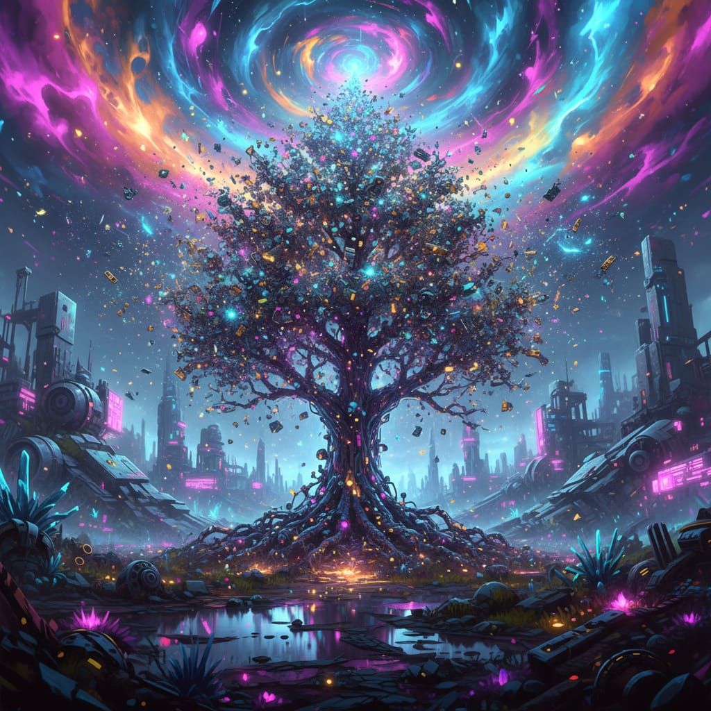 Nanobots Forming a Tree in Surreal Landscape