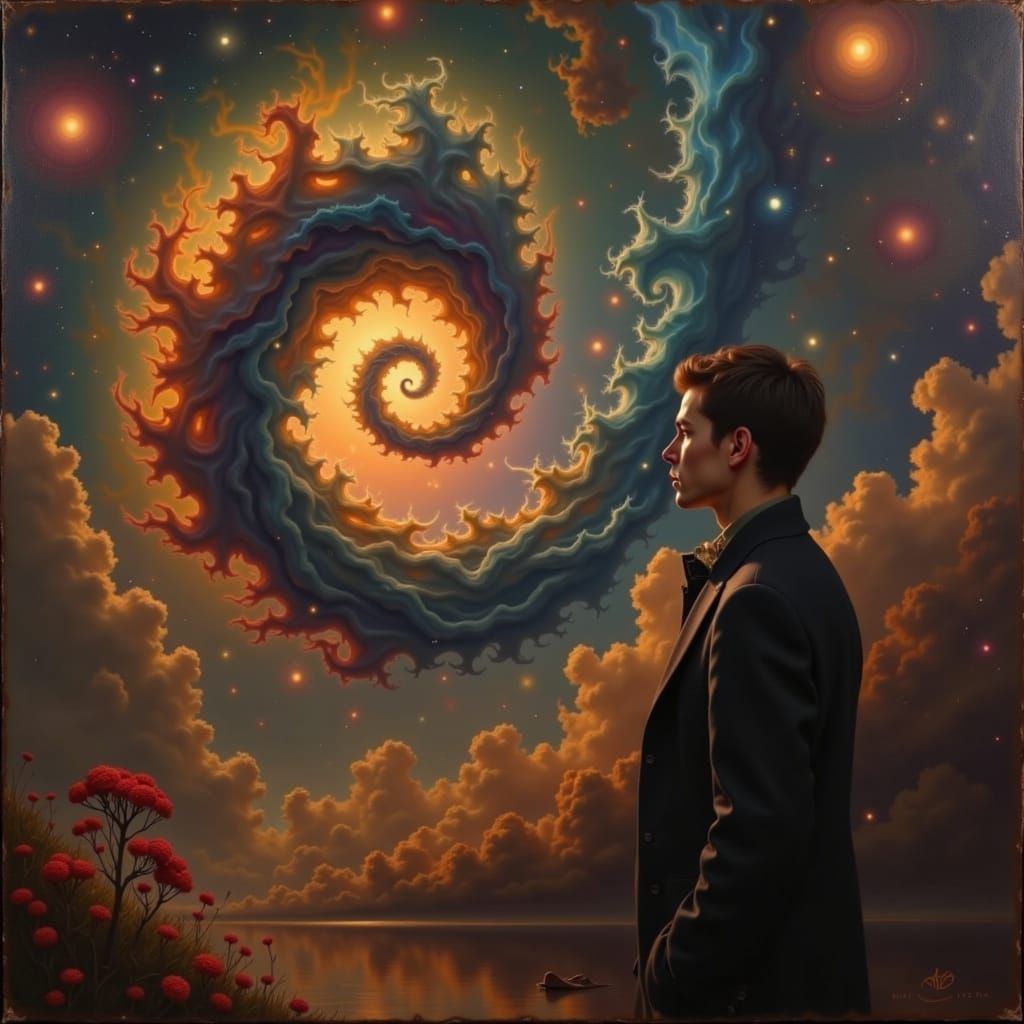 Figure Contemplating Swirling Nebula in Cosmic Art Style