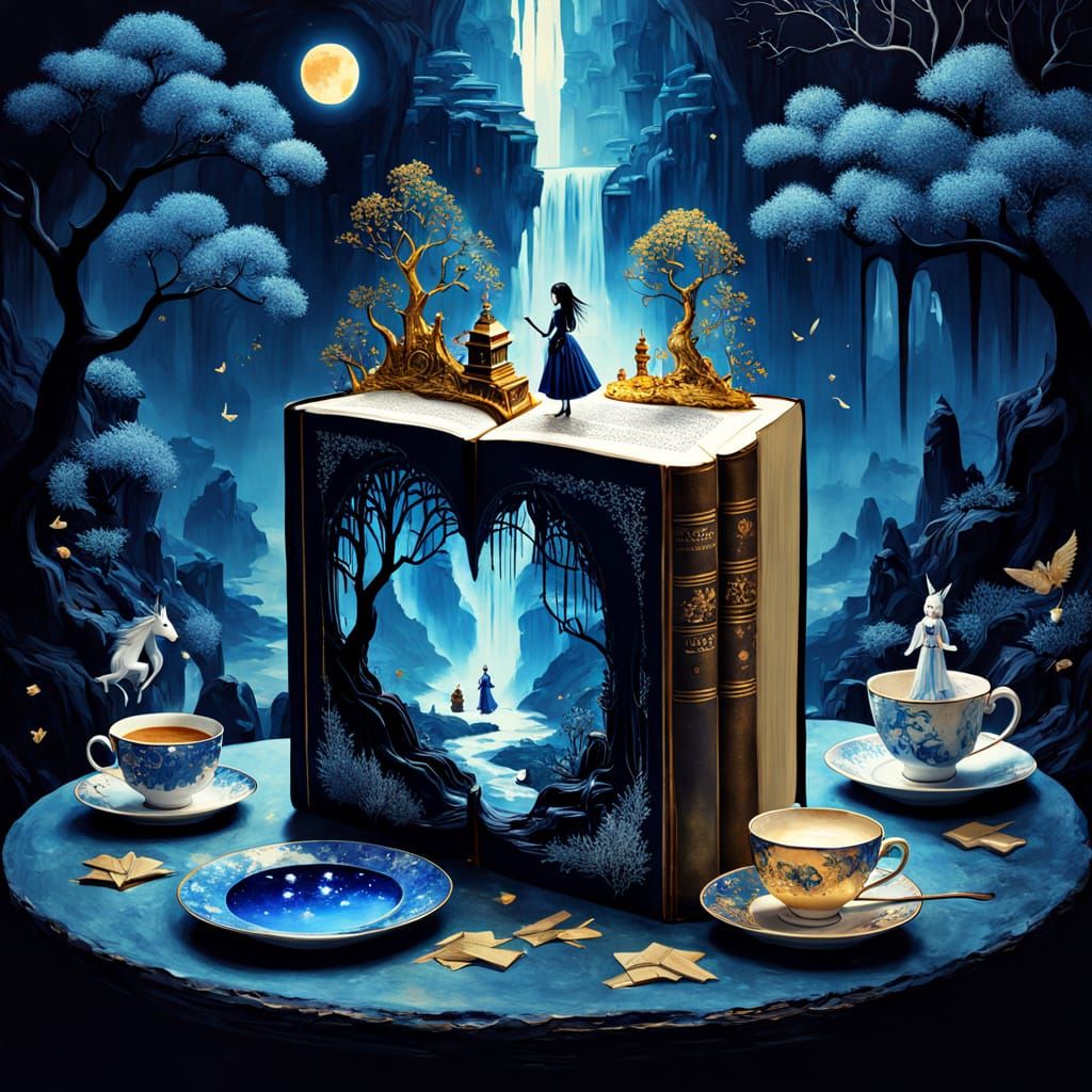 Magical Oriental Waterfall Scene in Double Exposure