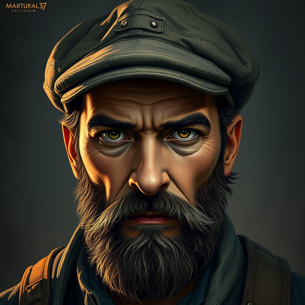 Handsome Bearded Man in Cap: Matte Painting Style