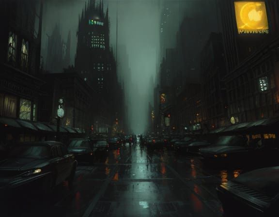 Gothic Gotham Cityscape in Oil Painting Style