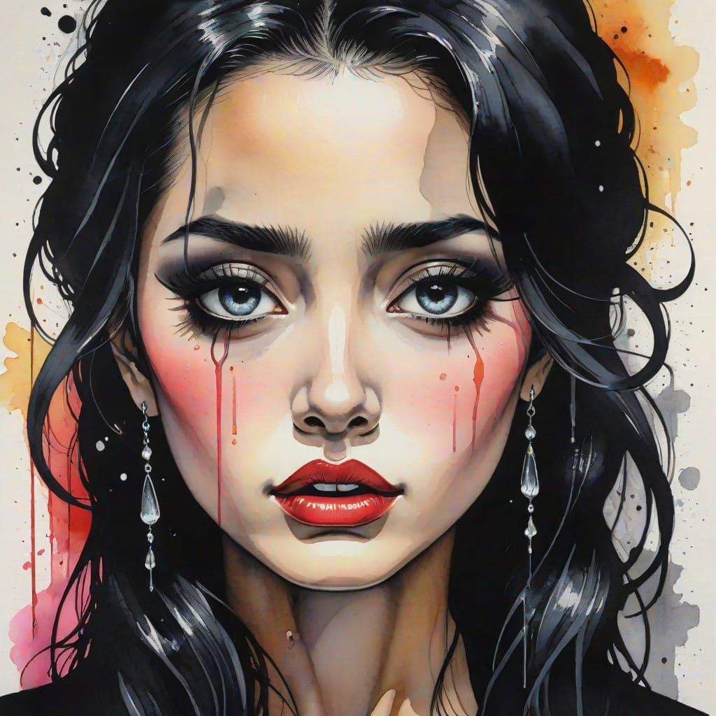 Gothic Pop Art Portrait of a Young Woman in Tears