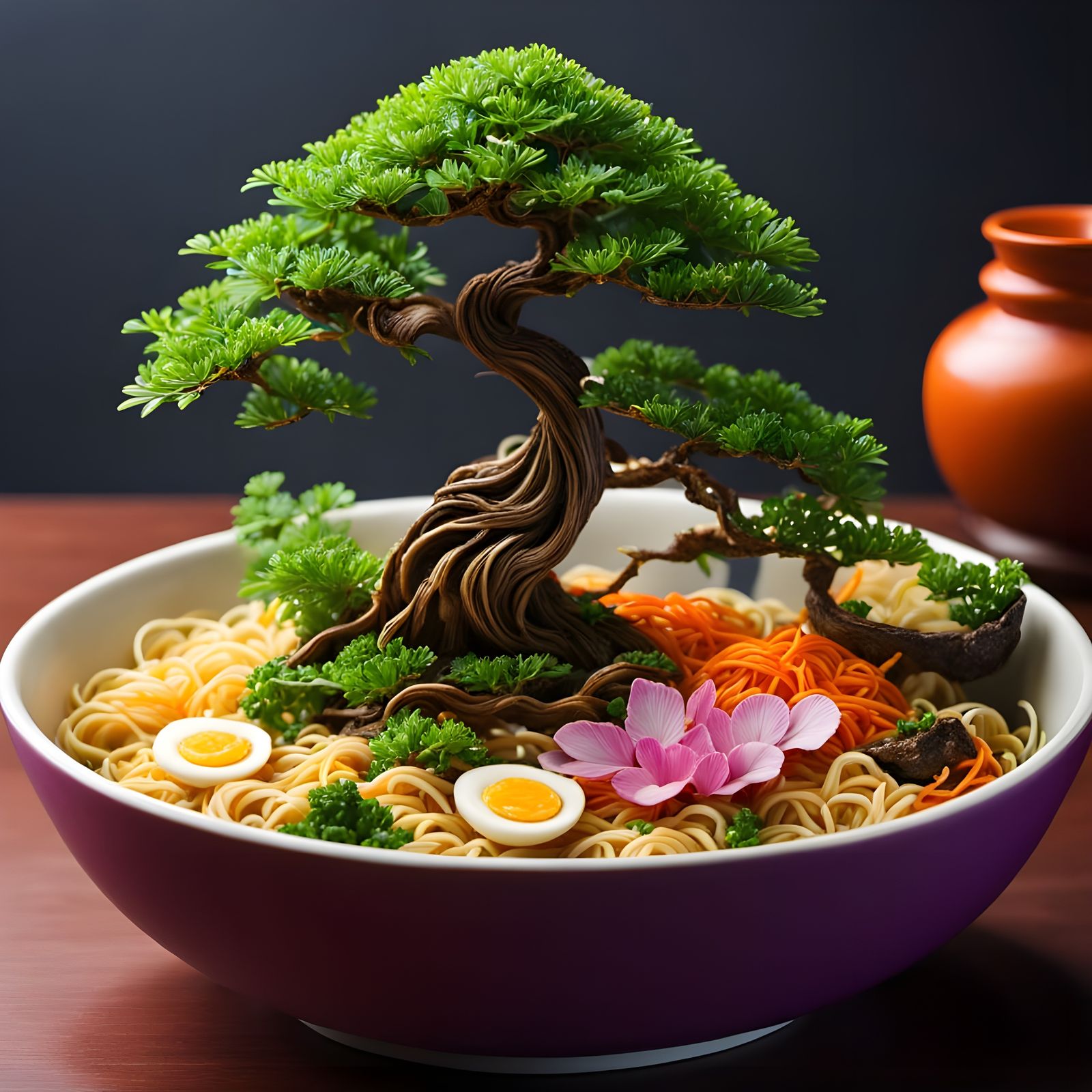 Bonsai Tree in Ramen Bowl, Bright and Vibrant