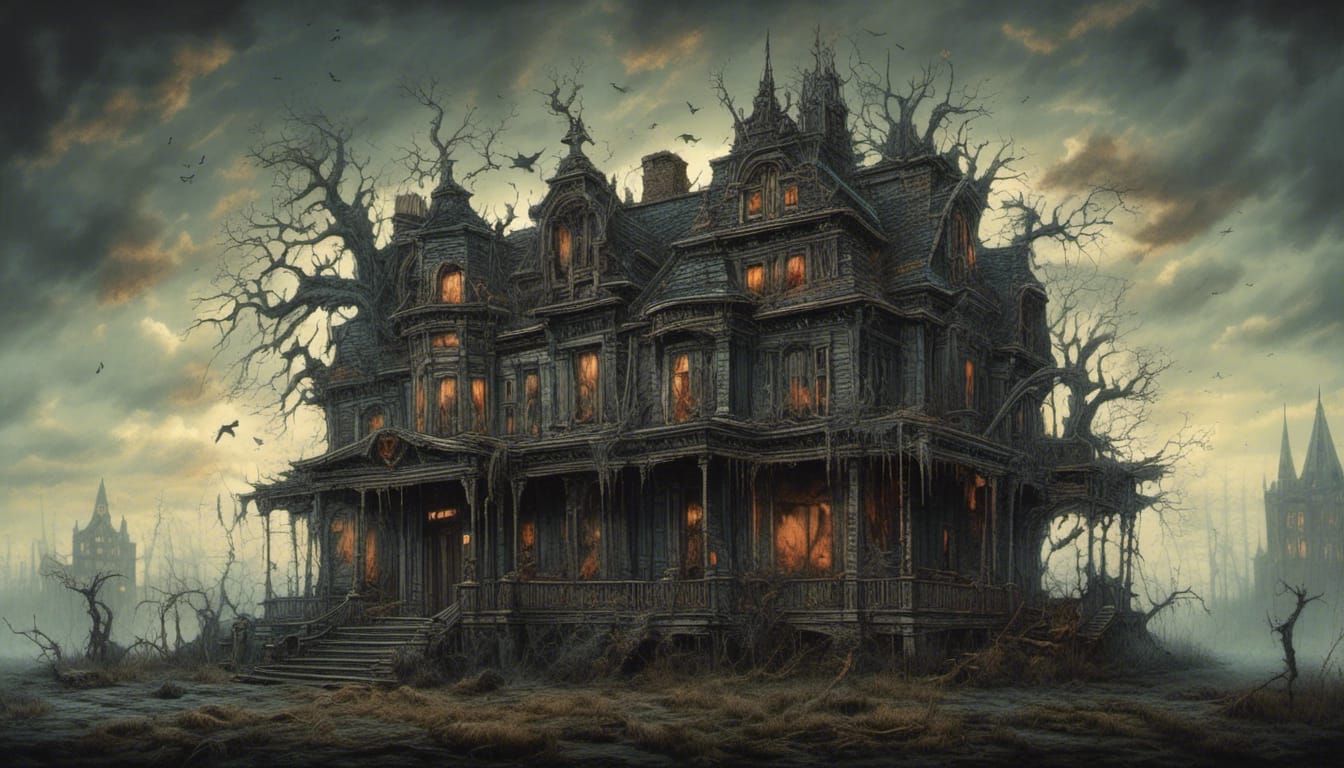 Eerie Haunted Mansion on Hill in Hyperrealistic Style