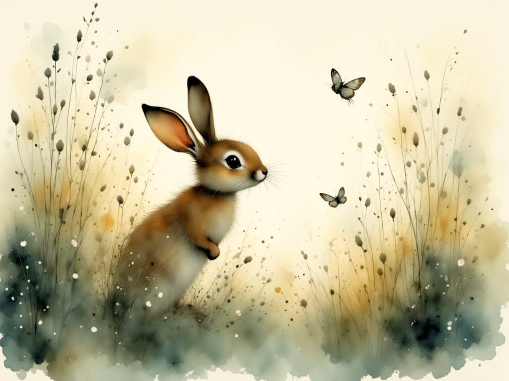 Delicate Watercolor Rabbit in a Dewy Meadow