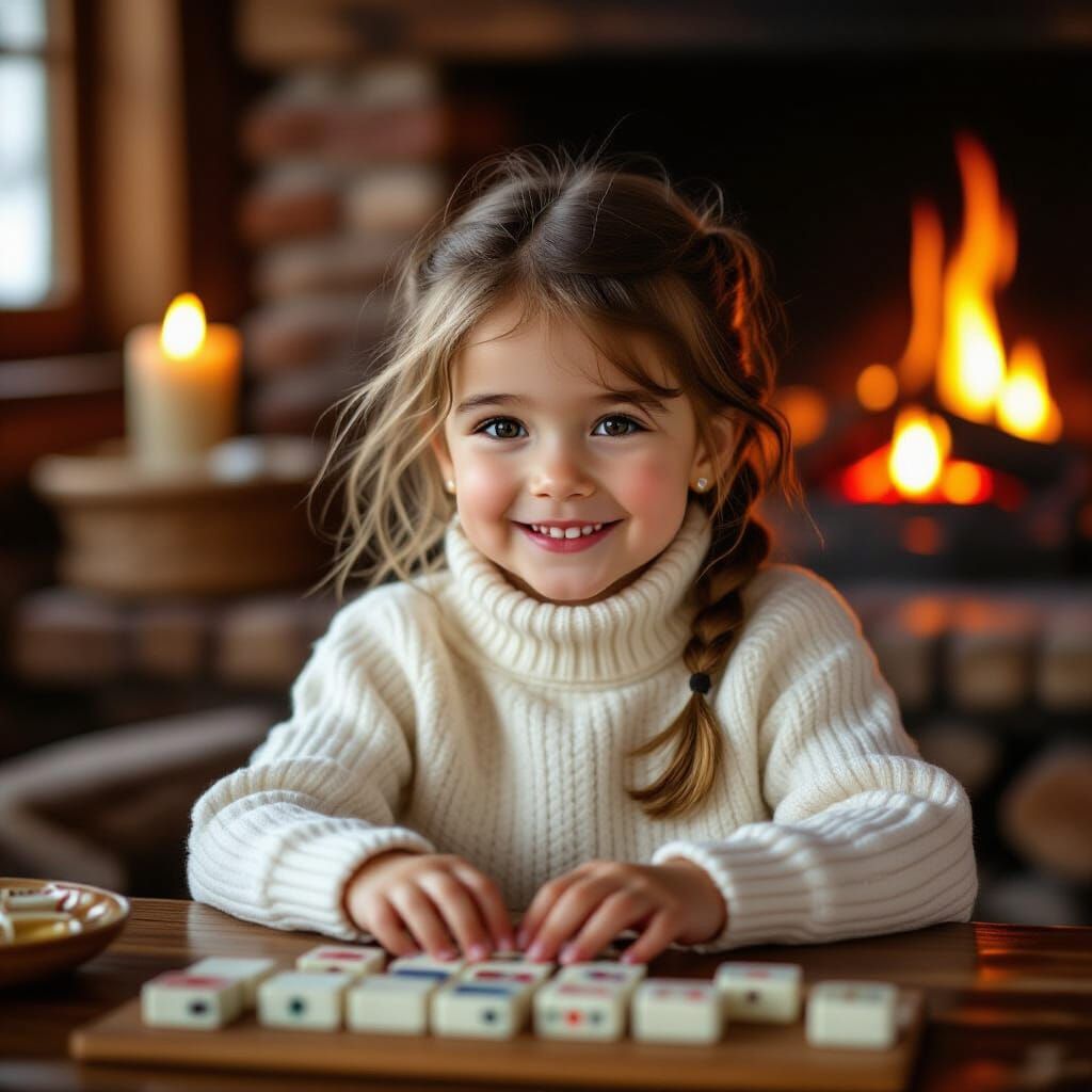 Eurasian Girl Plays Mahjong by Fireplace: Cinematic Film Sti...