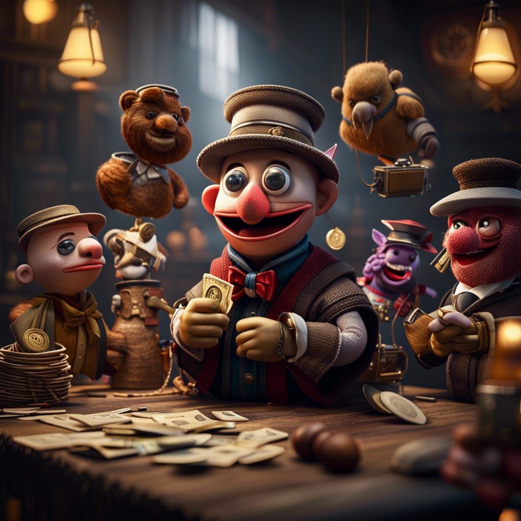 Puppets Trading Money in Cinematic 3D Style