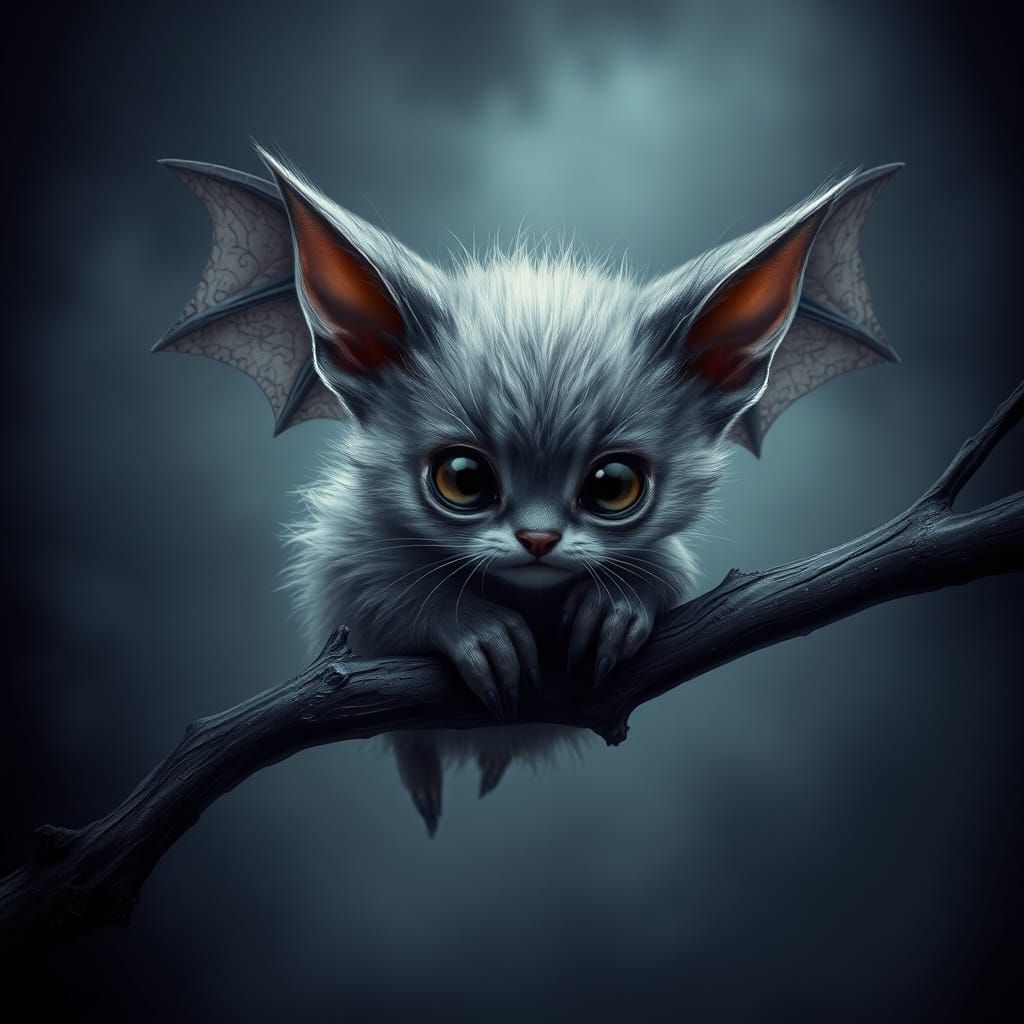 Adorable Bat Kitten in Dark Fantasy Style