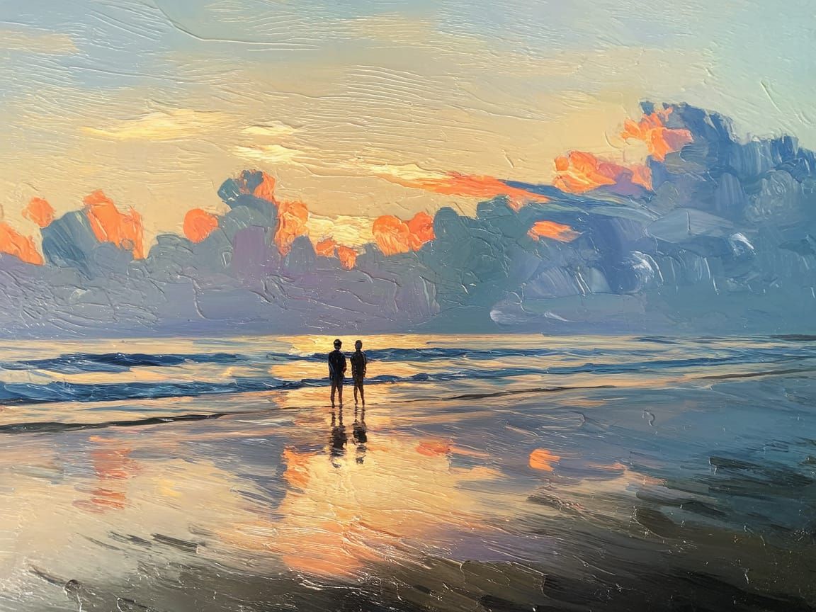 Impressionistic Sunset Beach Scene with Silhouettes