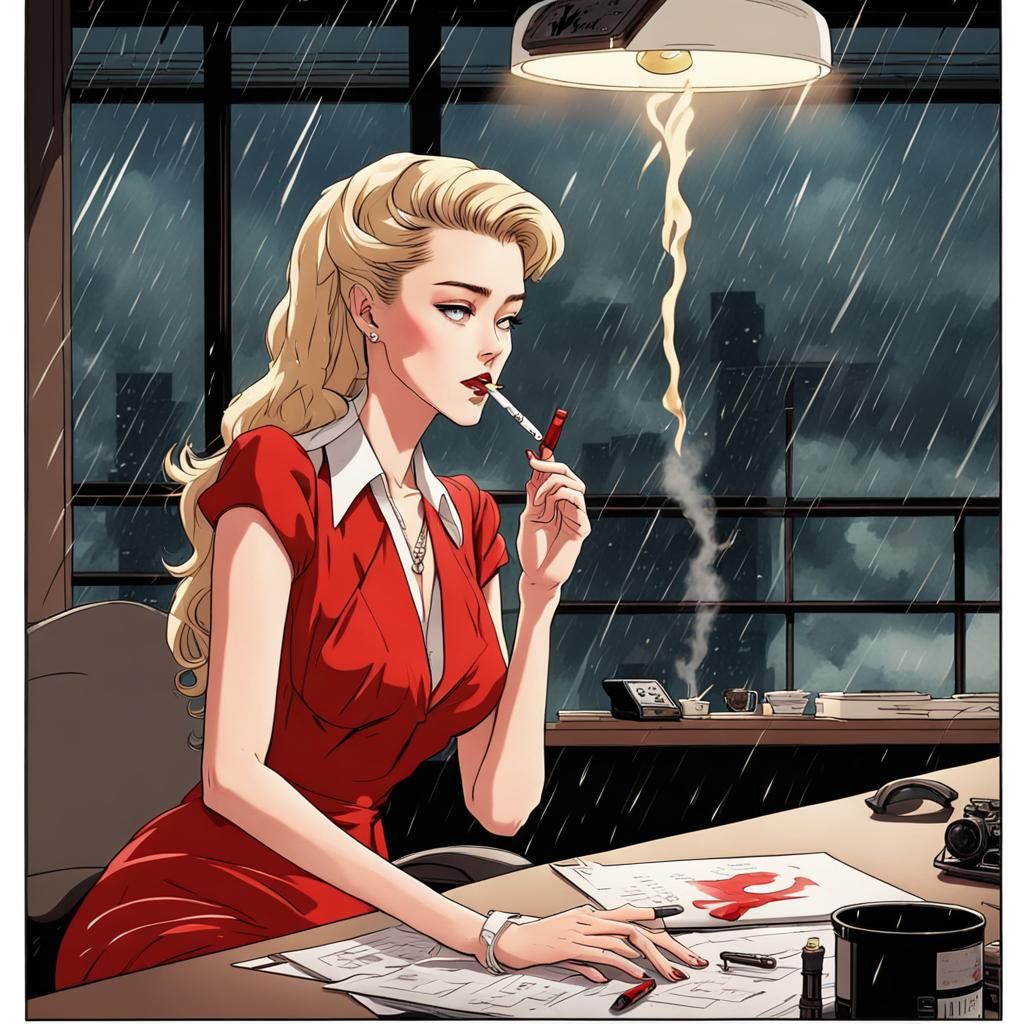 Vintage Detective Scene with Woman in Red, Anime Style