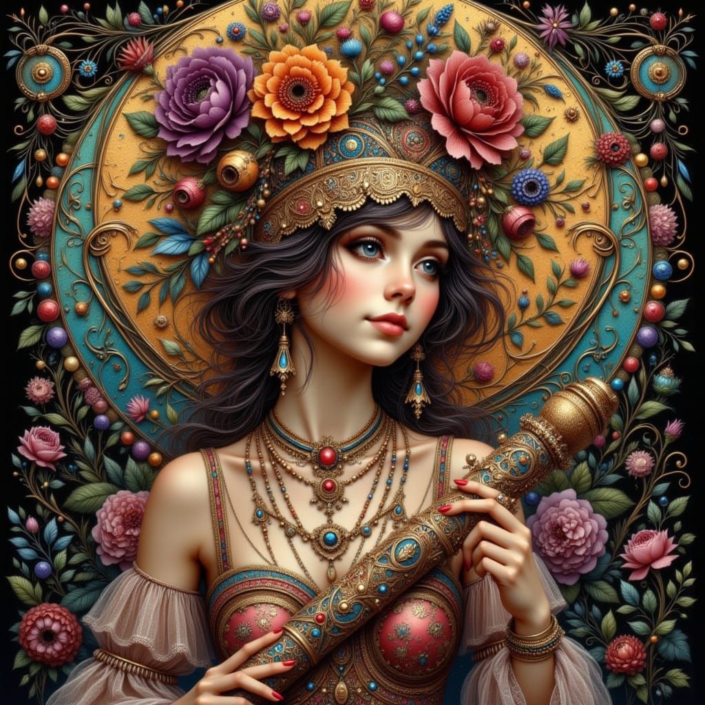 Whimsical Woman Playing Flute in Art Nouveau Style