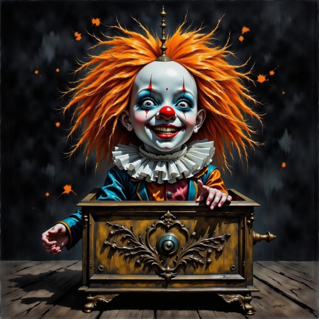 in a music box a Spooky wind up revolving dancing toy clown with (satanic:2.9) smile beckons <lora:Darkness bright:1.0> ...