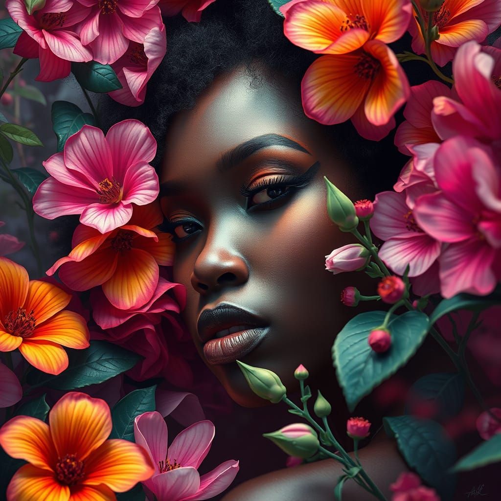 Ebony Woman in Vibrant Floral Dreamscape